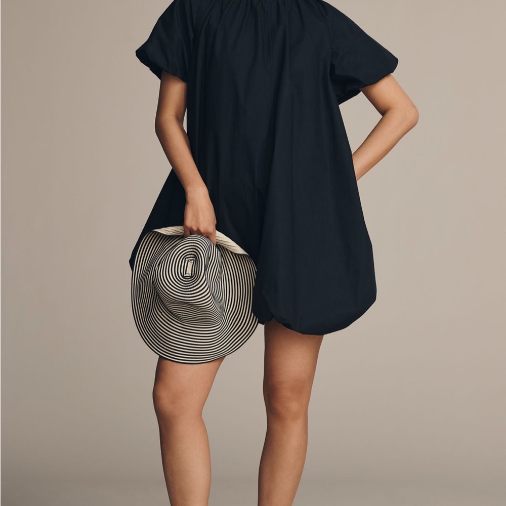 By Anthropologie Puff-Sleeve Relaxed Bubble Mini Black Dress